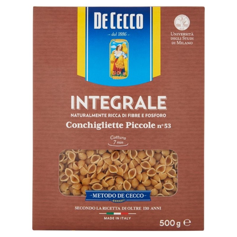 De Cecco, Conchigliette Piccole n. 53, pasta di semola integrale di grano duro, 500 g