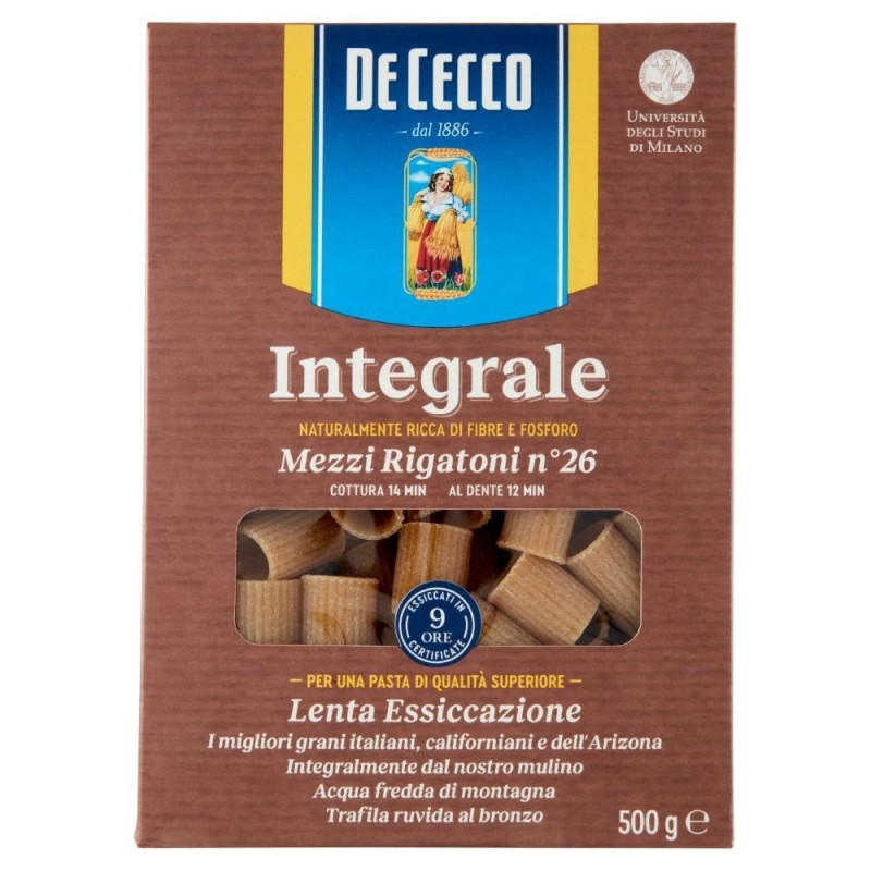 De Cecco, Integrale Mezzi Rigatoni n ° 26, whole durum wheat semolina pasta, 500 g