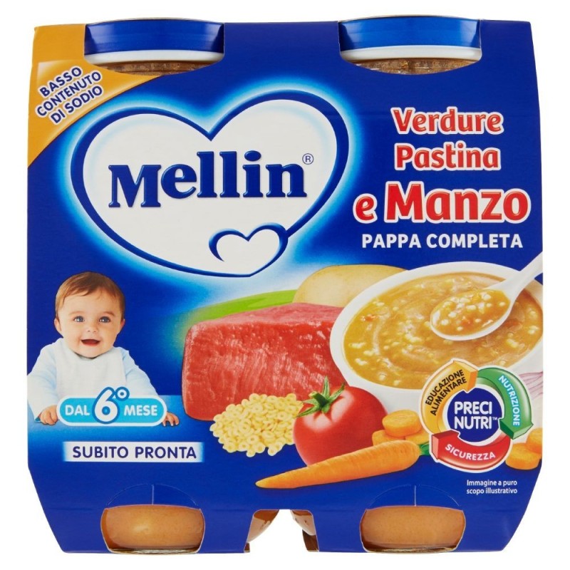 Mellin, papilla completa con verduras, pasta y ternera